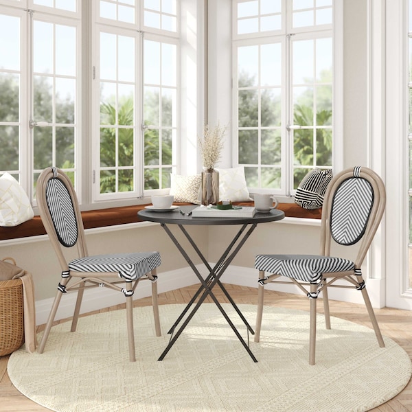 Flash Furniture Marseille Thonet French Bistro Stacking Chair, Black/White Textilene/Bamboo Print Alum Frame, 2PK 2-SDA-AD642002S-TXT-BLKWH-LTNAT-GG - main